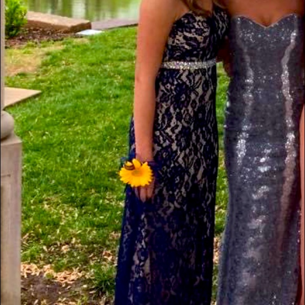 Alyce Paris Blue Lace Strapless Dress